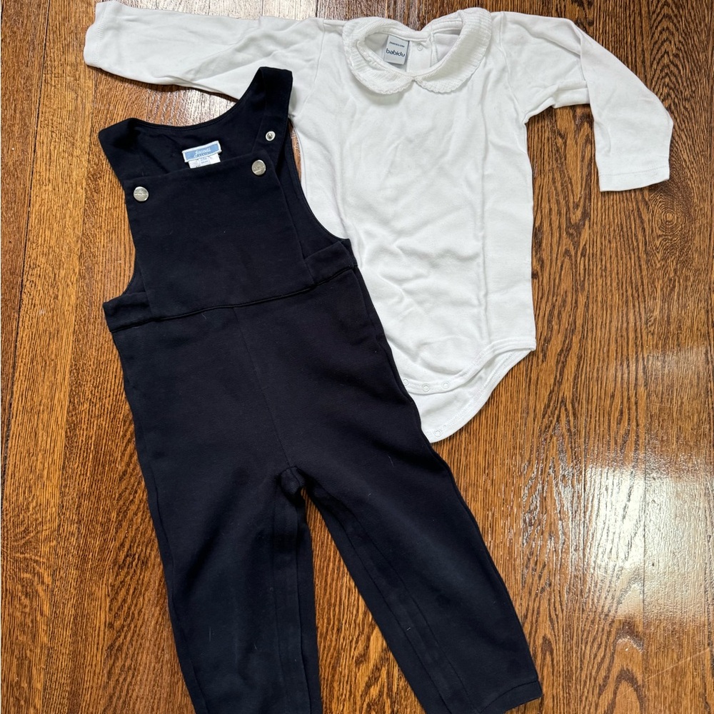Jacadi Paris navy overalls with Babidu white long sleeve onesie 24 months